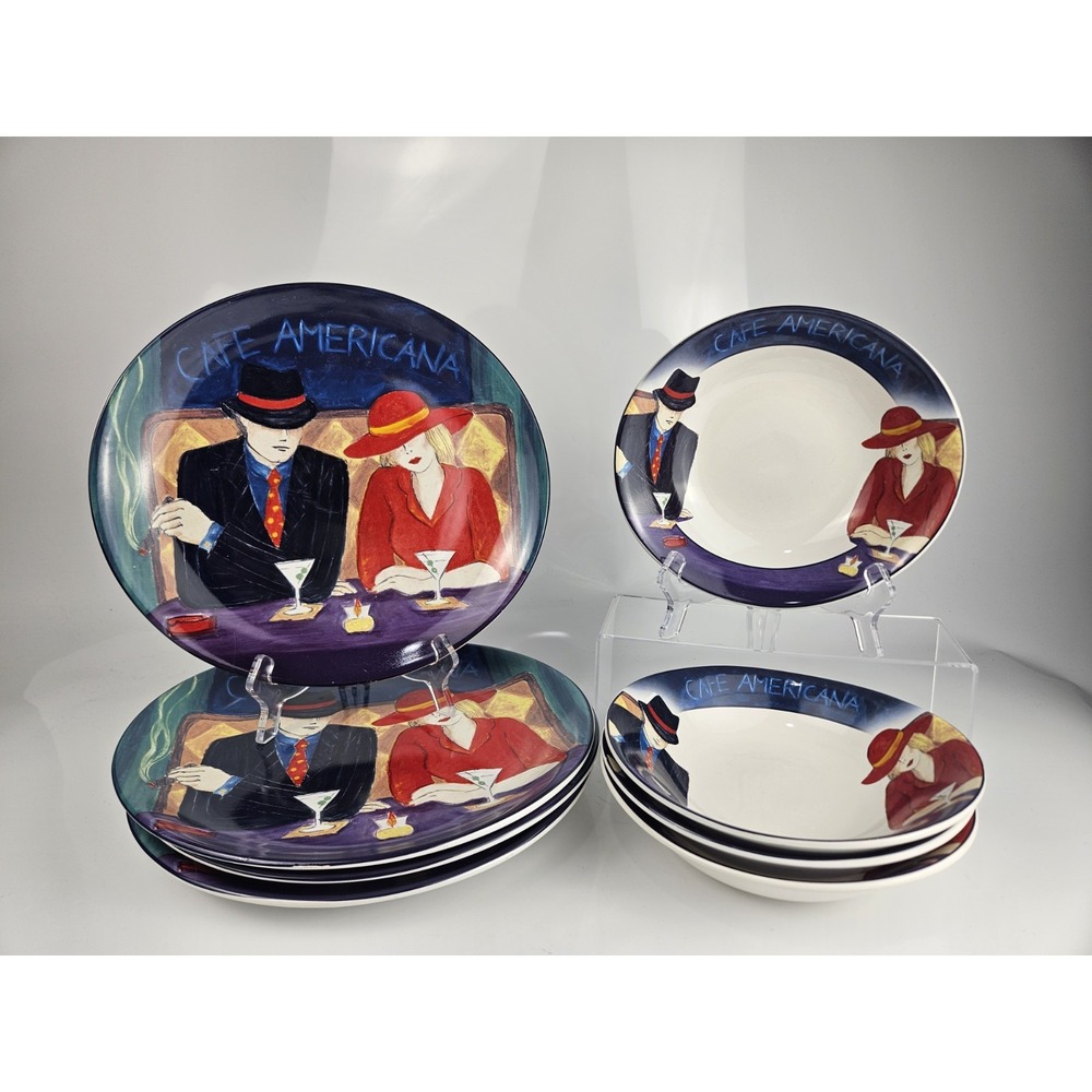Set of 8 Sango‎ CAFE AMERICANA 1998 #4911 4 Dinner Plates + 4 Bowls